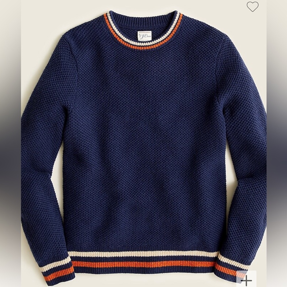 J Crew Rugged Merino Wool Blend Navy Knit Sweater Large Crewneck Striped Trim